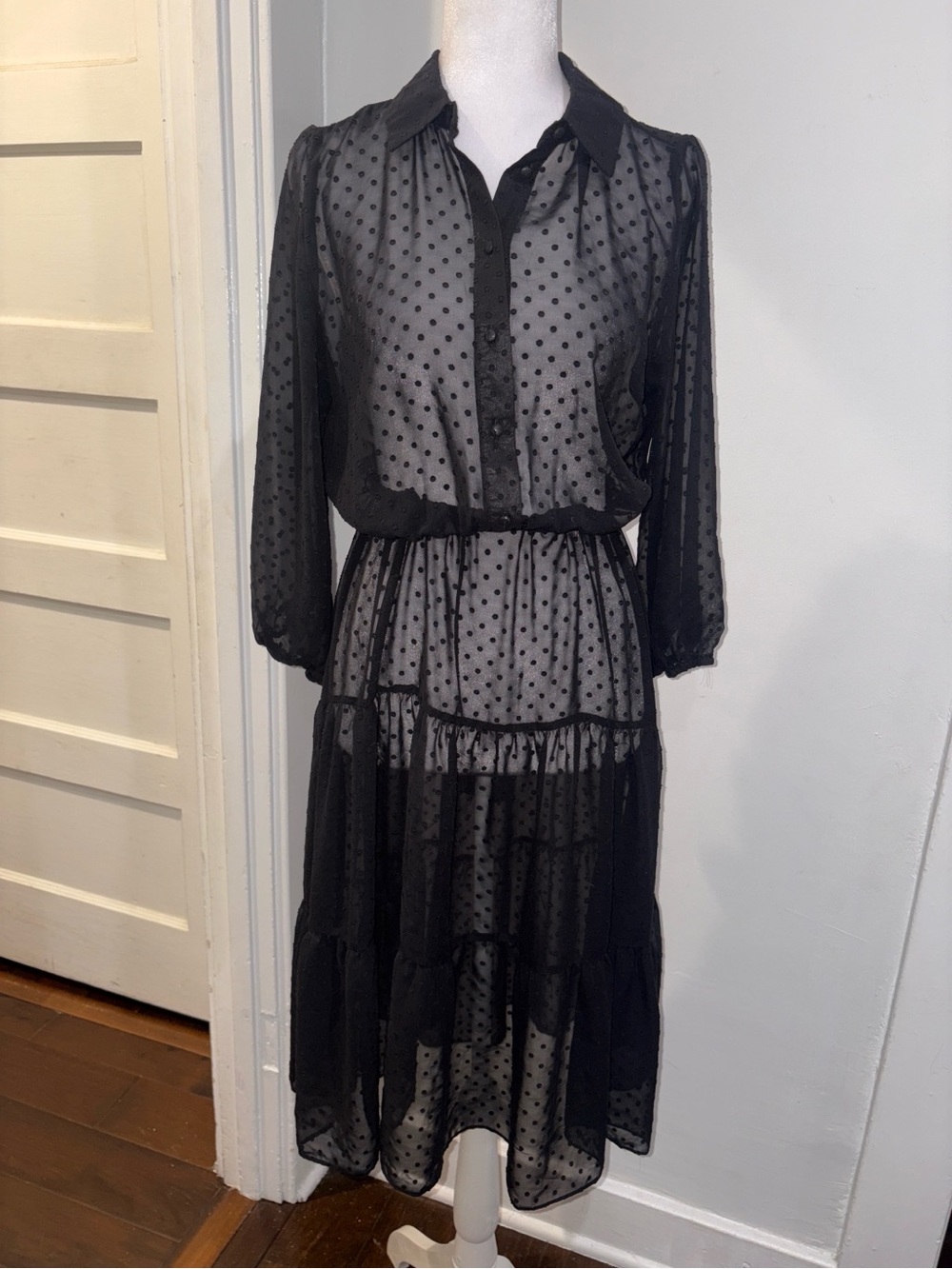 Nanette Lepore Black Sheer Polka Dot Long Sleeve Midi Dress